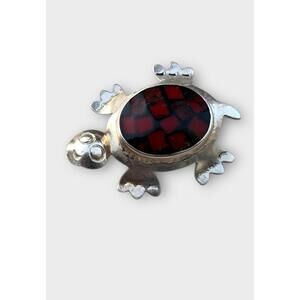 Vintage Mexico Sterling Silver Turtle Tortuga Brooch Pin Red MOP Inlay Enamel